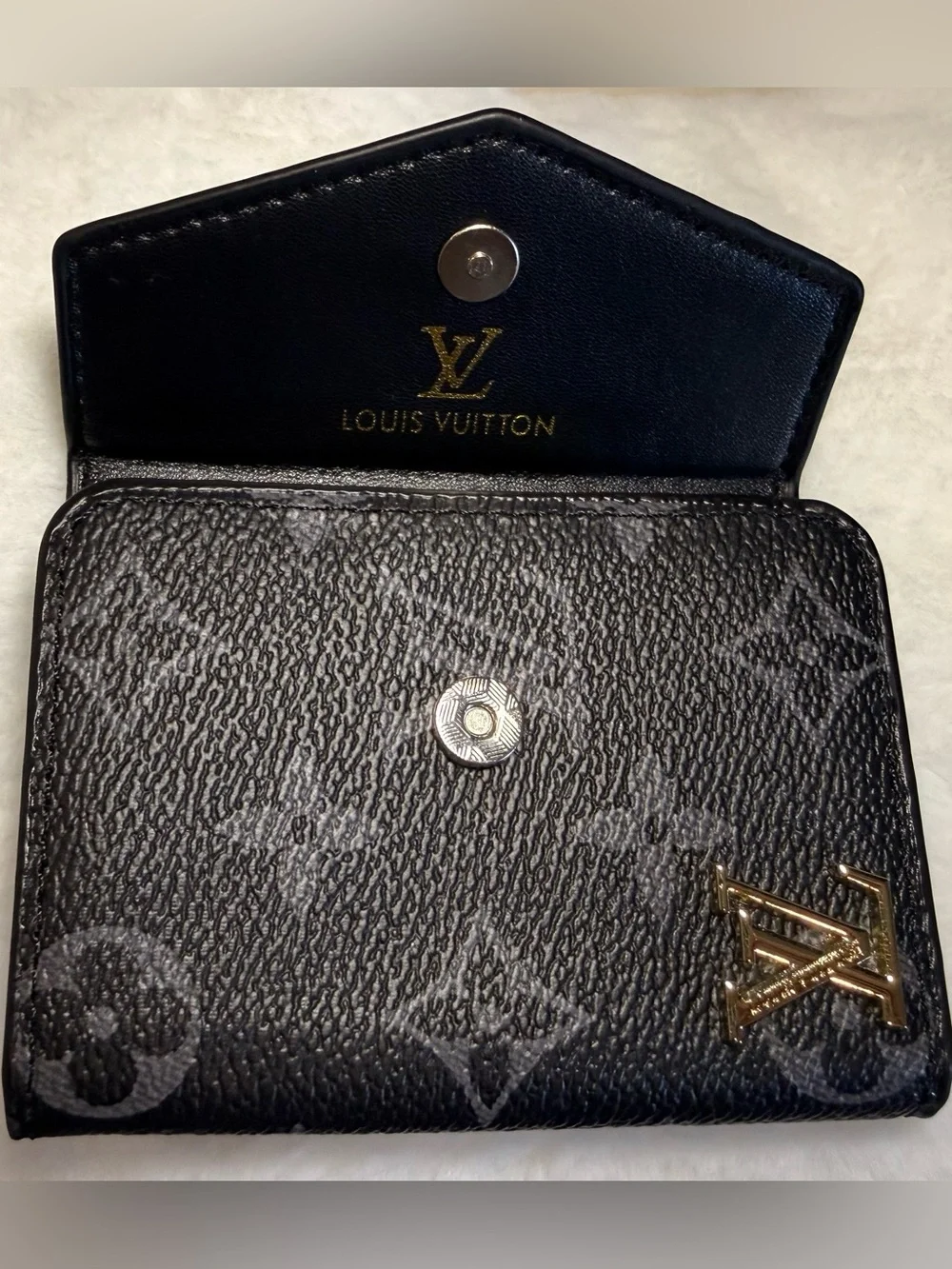 LV Black Monogram Canvas Card Holder with Gold LV Initials